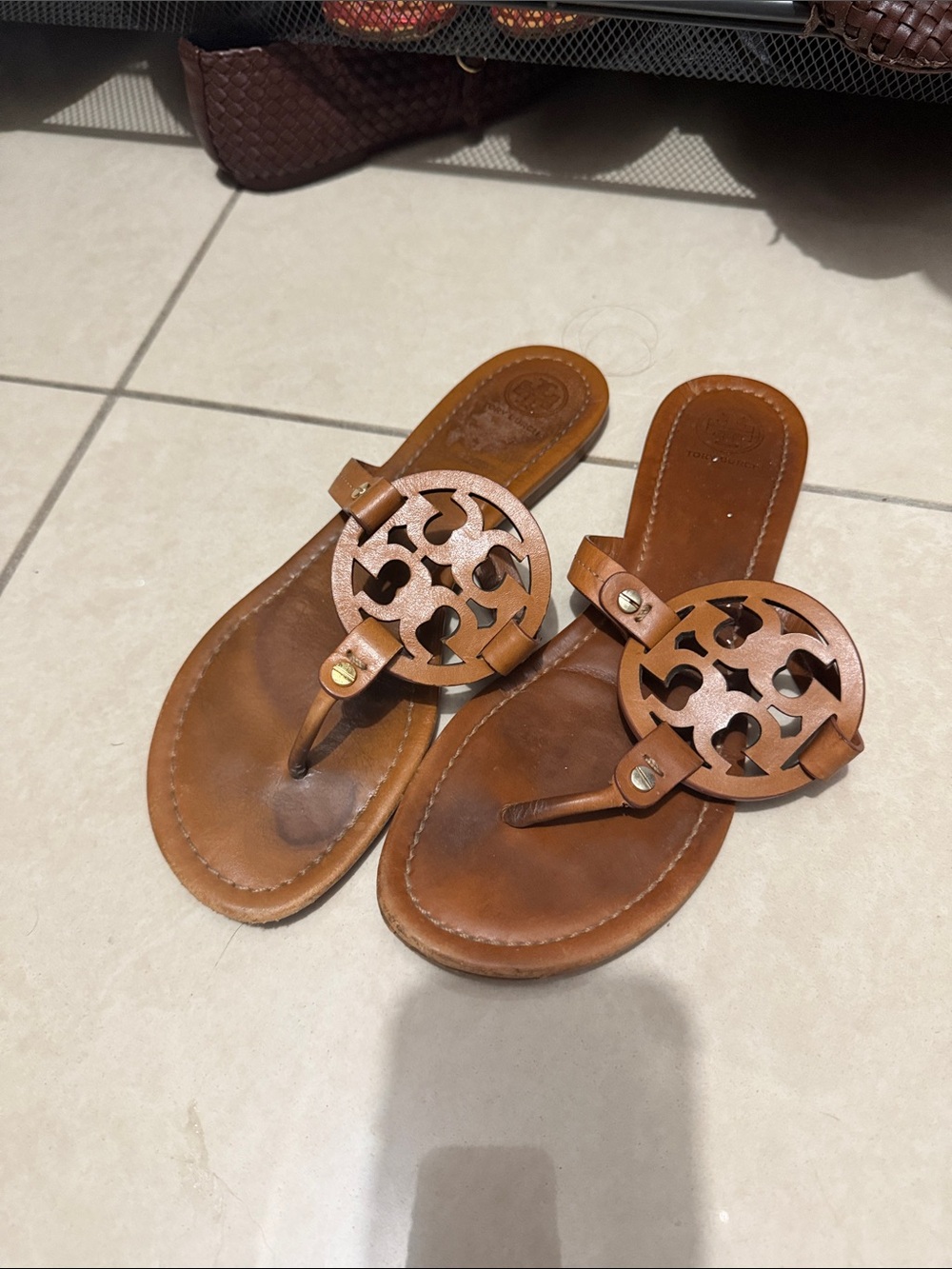 Tory Burch Brown Leather Logo Cutout Thong Sandals